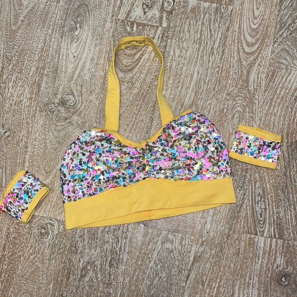 Vintage dance sequin rainbow bra crop top with cuffs